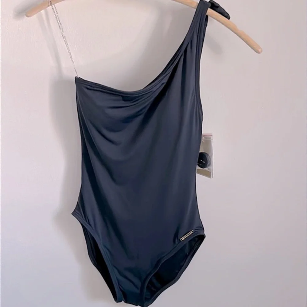 New MICHAEL Michael Kors Asymmetrical One Shoulder Solid Navy Bathing Suit - Picture 9 of 9